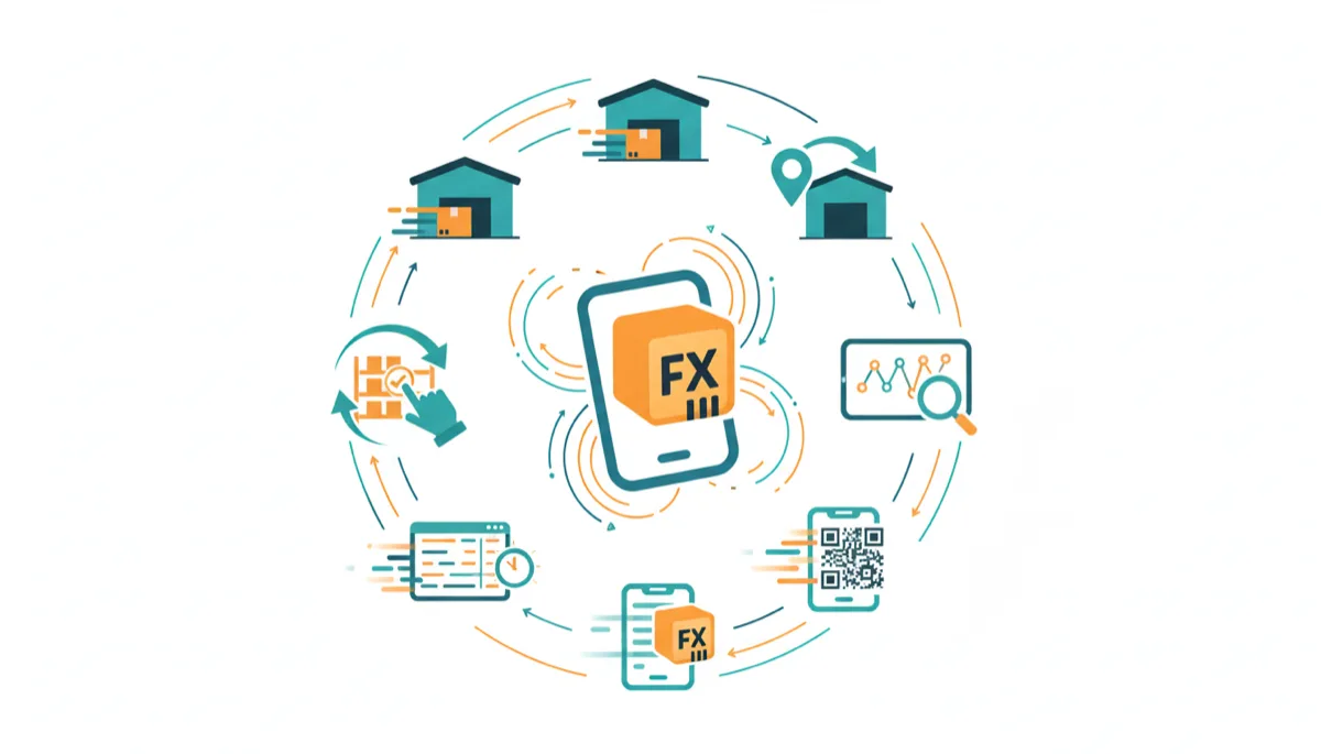 Diagrama circular de InventarioFX: almacenes, movimientos, escaneo QR, documentos y análisis conectados alrededor de la app. / InventarioFX cycle diagram: warehouses, movements, QR scanning, documents and analytics connected around the app.